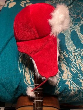 Velvet Red White Fur Snow Hat Hood Fur Pom Poms Adjustable NEW